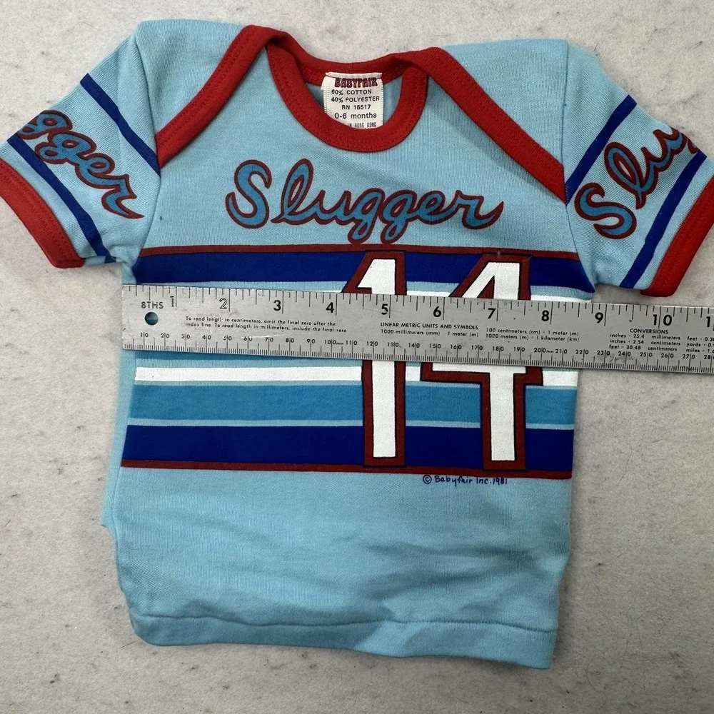 Vintage 1981 Babyfair Baby T Shirt Little Slugger Baseball Star Infant 0-6 Month